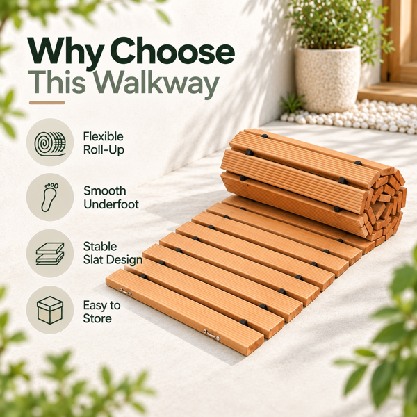 305 x 43 cmRoll-Out Wooden Walkway Mat, 1.5 cm Thick Portable Garden Pathway, Outdoor Wooden Boardwalk Path for Yard, Lawn, Beach, Patio and Camping-6
