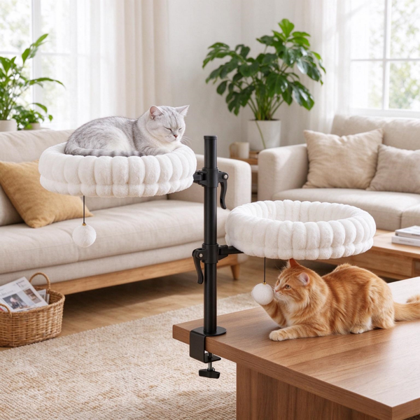 室内猫桌床，猫吊床，带2张可拆卸床和2个用于桌子和窗户的挂球，最多可容纳24磅，白色-7