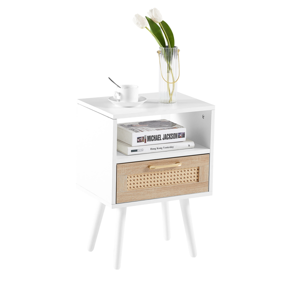 15.75" Rattan End table with  drawer and solid wood legs, Modern nightstand, side table for living room, bedroom, white-6
