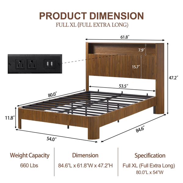 Full Extra Long(Full XL) Size bed frame with storage headboard, built-in charging station, wavy curved lines design, silent operation, metal support, Walnut-5