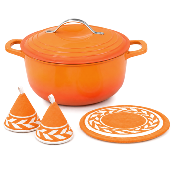 不锈钢手柄 5QT 4.7L 圆形 珐琅锅 橙色渐变 含手套 隔热垫