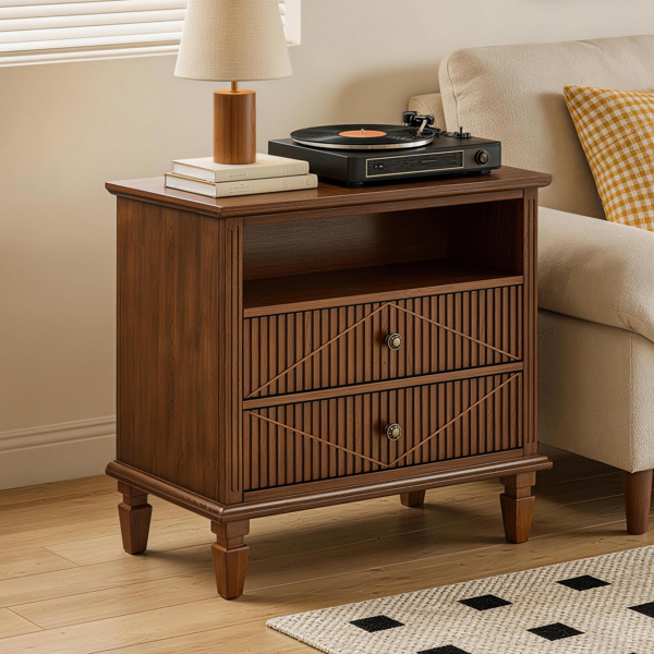 Farmhouse Nightstand with Charging Station, 2-Drawer Engineered Wood Storage Cabinet, Bedside Table for Bedroom-1