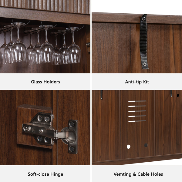 K&K 59" Coffee Bar Cabinet with Fridge Space & Tilt-Out Trash Cabinet, Mini Fridge Wine Cabinet with Storage/Charging Station, Fluted Buffet Sideboard with Glass Holder for Dining Room, Walnut Brown-33