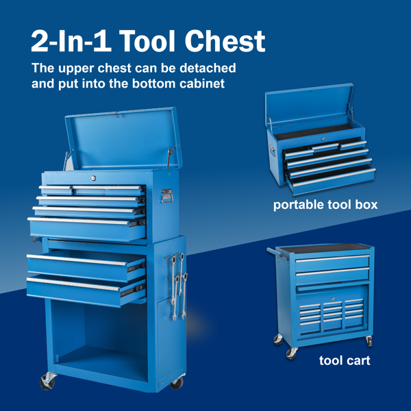 Tool Chest, 8-Drawer Rolling Tool Storage Cabinet with 2 in 1 Detachable Top Tool Box, Liner, Lockable Wheels, Side Hooks, Metal Tool Cart for Garage-2