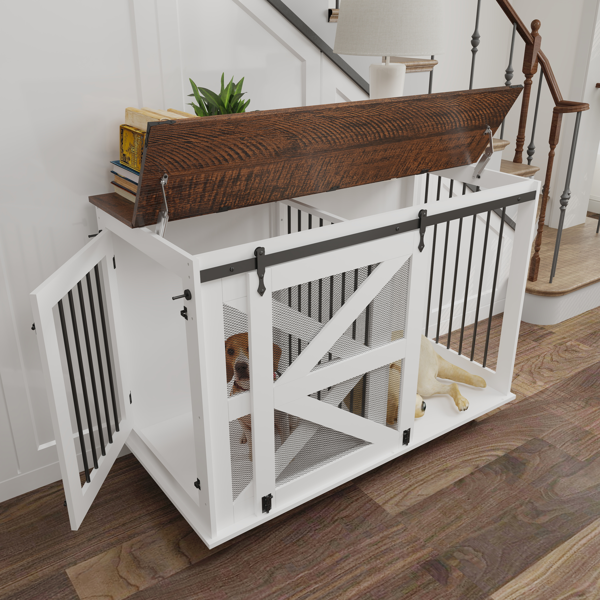 47.2" Mobile Dog Crate with Flip-Top Feeding Door, Dual-Access & 5 Caster System (2 Locking), Side Hooks - Multi-Functional Pet Kennel,double dog crate furniture-5