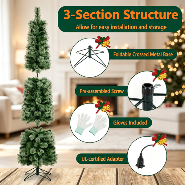 7英尺预点燃的细长铅笔圣诞树，带8种照明模式和远程定时器，阻燃PVC，可折叠金属底座，用于家居装饰-8