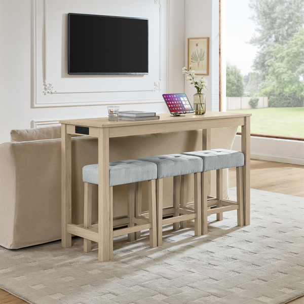 59 Inch Bar Table, Dining Table, Sofa Table with Power Outlet, 3 Upholstered Stools, 4 Piece Bar Table and Chair Set for Living Room, Dining Room, Kitchen-2