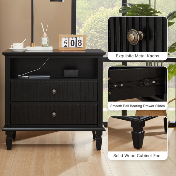 Farmhouse Nightstand with Charging Station, 2-Drawer Engineered Wood Storage Cabinet, Bedside Table for Bedroom-3