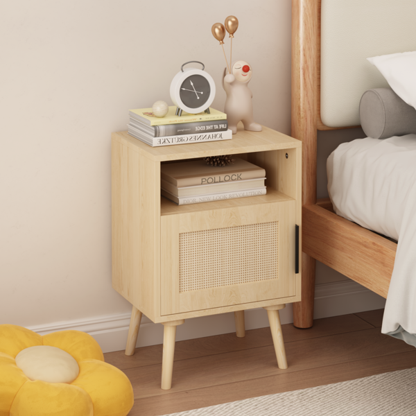 22.83'' H Rattan Nightstand, Side Table with Door Open Shelf,  Accent Bedside End Table with Solid Wood Legs for Bedroom, Dorm and Small Spaces, Oak-7