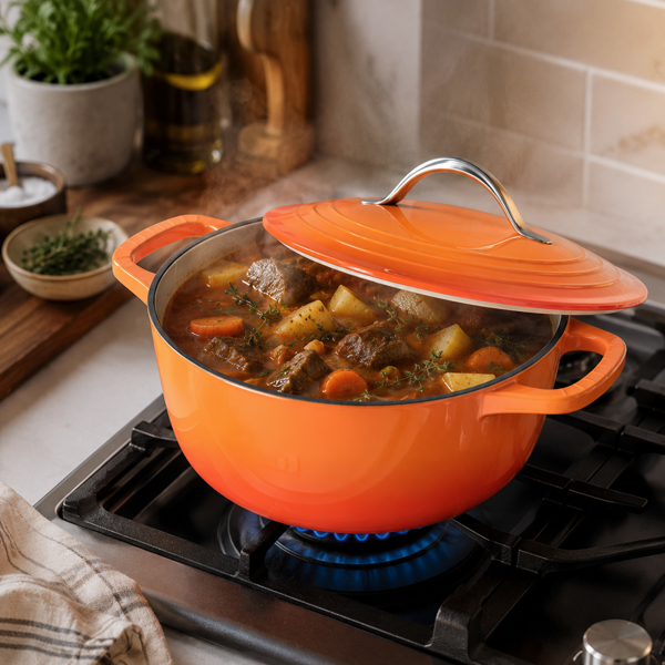 不锈钢手柄 7.5QT 7.1L 圆形 珐琅锅 橙色渐变 含手套 隔热垫-9