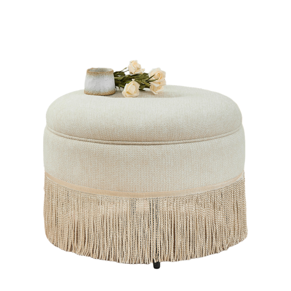 Round Storage Ottoman Bench(Beige), 23.23 Inch Upholstered Footstool with Tassel Fringe, 250 lbs Capacity Circular Storage Foot Rest Stool, Fabric Ottoman for Living Room Bedroom Entryway-9