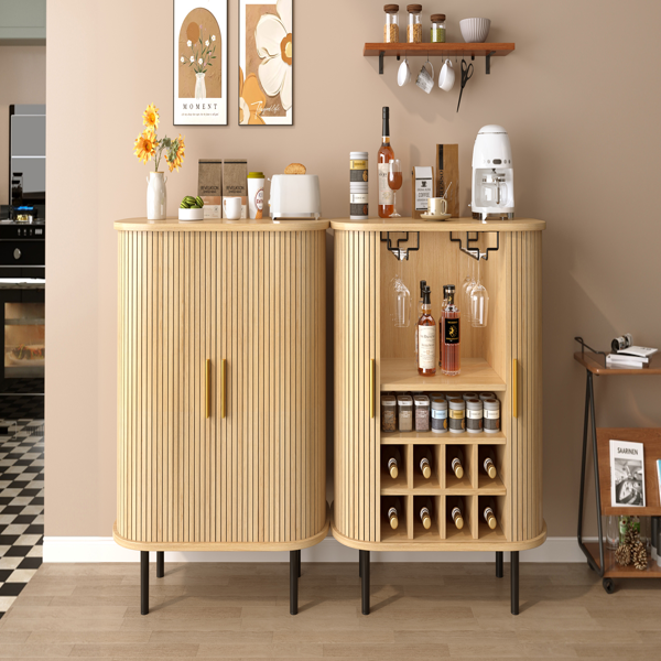 28" Fluted Wine Bar Cabinet with 8-Grid Wine Rack, 5-Level Adjustable Shelves, 2 Glass Holders, Smoothly Sliding Tambour Doors, 4 Hidden Storage Space on the Side,Modern Liquor Coffee Station, Natural-23