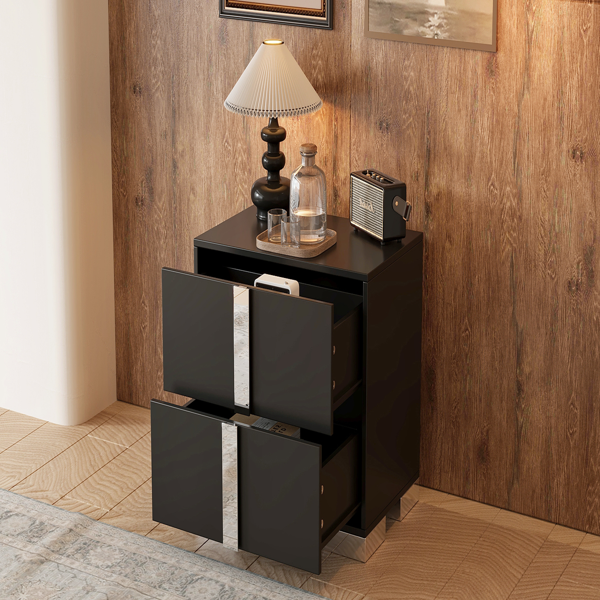 Elegant Nightstand with Metal Foot, Mirrored Bedside Table with 2 Drawers for Bedroom, Living Room, Black-12