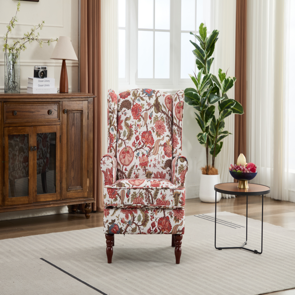 Modern Accent Chair with Retro Wood Legs, Comfy Upholstered Armchair, Floral Design Single Sofa Chair for Living Room Bedroom Office - Floral Red-5