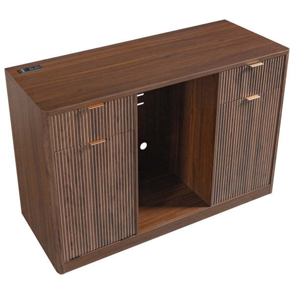 K&K 59" Coffee Bar Cabinet with Fridge Space & Tilt-Out Trash Cabinet, Mini Fridge Wine Cabinet with Storage/Charging Station, Fluted Buffet Sideboard with Glass Holder for Dining Room, Walnut Brown-43