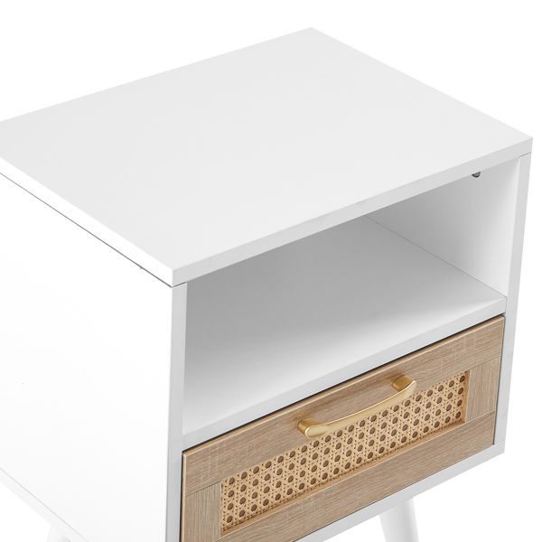 15.75" Rattan End table with  drawer and solid wood legs, Modern nightstand, side table for living room, bedroom, white-15