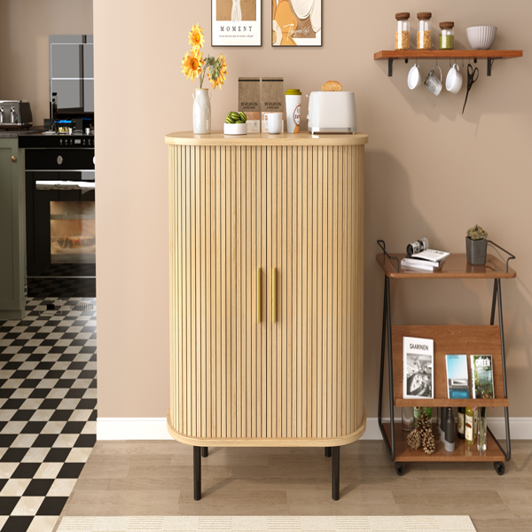 28" Fluted Wine Bar Cabinet with 8-Grid Wine Rack, 5-Level Adjustable Shelves, 2 Glass Holders, Smoothly Sliding Tambour Doors, 4 Hidden Storage Space on the Side,Modern Liquor Coffee Station, Natural-26