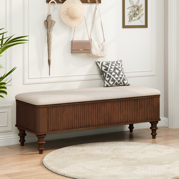 50.8-inch Multi-Functional Storage Ottoman Bench-Solid Rubberwood Bed End Bench with Linen Seat, Storage Bench for Bedroom, Entryway Shoe Organizer for Bedroom, Living Room, Entryway, Closet, Walnut-3