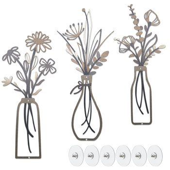 3-Piece Set of Neutral-Toned Metal Vase Wall Decor, Vintage Wrought Iron Vase Wall Hangings, Includes Self-Adhesive Mounting Plates, Suitable for Living Room, Bedroom, and Apartment Decor (Not from an eBay-Certified Warehouse)