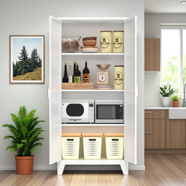 61'' 2 Shapely Doors Cabinet, Metal Storage Cabinet with Doors and Adjustable Shelves, for Bedroom, Living Room(White)-9