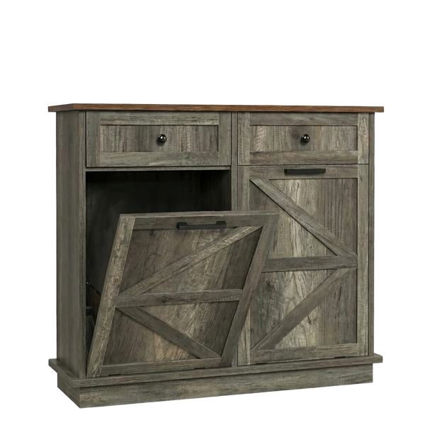 Tilt Out Trash Can Cabinet for Kitchen, Double 10-Gallon Hidden Trash Cabinet with Drawer, Farmhouse Wooden Garbage Cabinet, Dog Proof Trash Can Storage for Kitchen Laundry Living Room Office-10