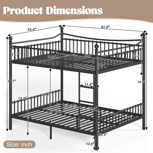 Queen over Queen Metal Bunk Bed with Unique Curved Guardrail Design, Round Tube bunk bed Frame, No Box Spring Required, Metal Bunk Bed Frame for Kids Teens,adults, Black-5