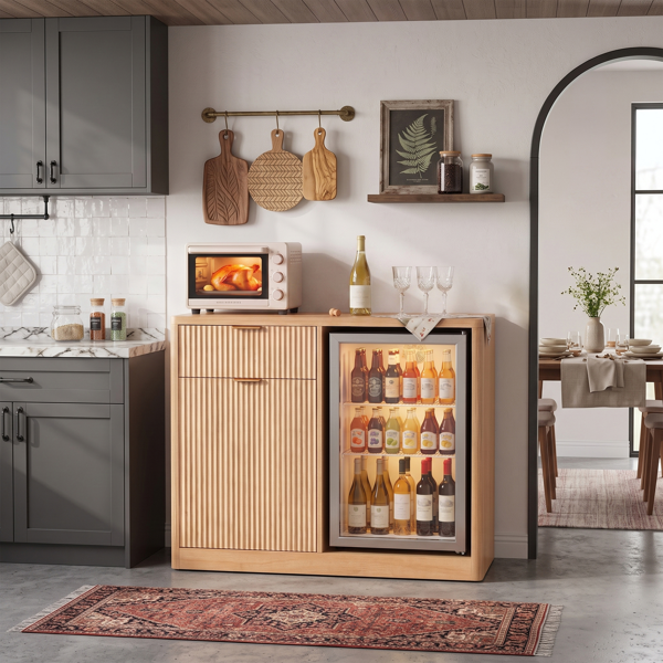 K&K 39.4" Coffee Bar Cabinet with Fridge Space, Mini Fridge Liquor Cabinet with Wine Storage & Charging Station, Fluted Buffet Sideboard with Glass Holder for Living Room Kitchen, Natural Oak-7