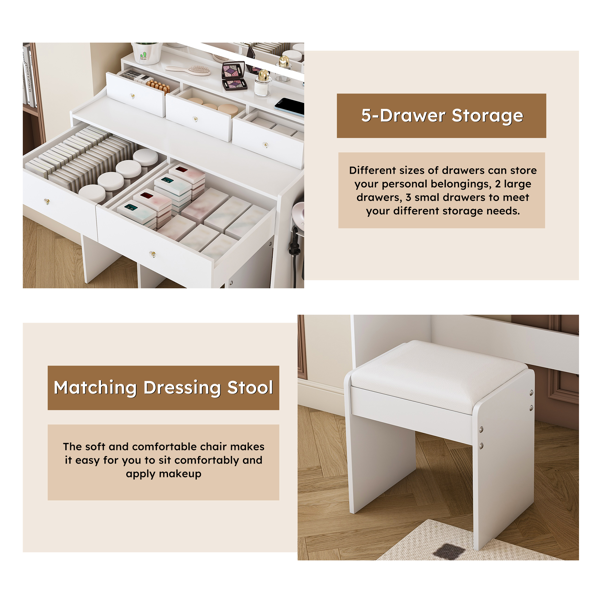 New Large Mirror Vanity Desk for Bed room  , Modern Makeup Vanity Set with Power Outlet and Hair dryer holder, 5 Drawers , 3 Lighting Color Adjustable Dressing Table for Bedroom, White Color-8