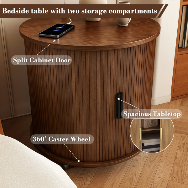 Mid Century Modern Cylinder End Table with Built-in Charging Station & Sliding Door, 2-Tier Storage Round Nightstand with USB Ports, Walnut Bedside Table for Living Room, Bedroom, Entryway-6