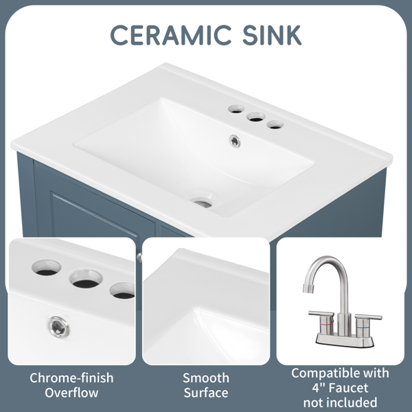 24" Bathroom Vanity with Sink and Drawers, Gray Blue Freestanding Vanity Cabinet with Ceramic Top and Storage Shelves, MDF and Solid Wood Base, Modern Sink Cabinet for Small Bathrooms-15