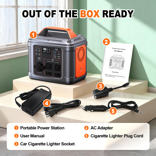 便携式电源站，296Wh 300W 锂电池，300W AC/PD100W 输出，户外太阳能灯、露营帐篷、应急户外家庭使用、呼吸机、电风扇、笔记本电脑、应急、礼品用太阳能发电机-4
