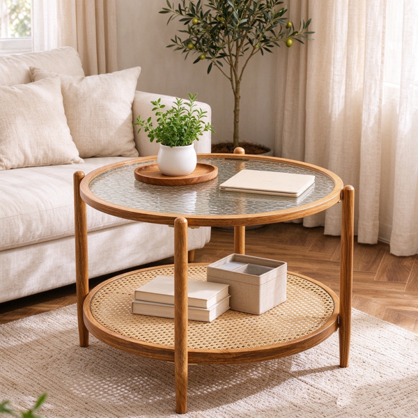 【禁售AM】双层 茶几 热转印木纹 CTR0RWS 65*65*47cm 圆形 水波纹玻璃 PE藤 铁-15