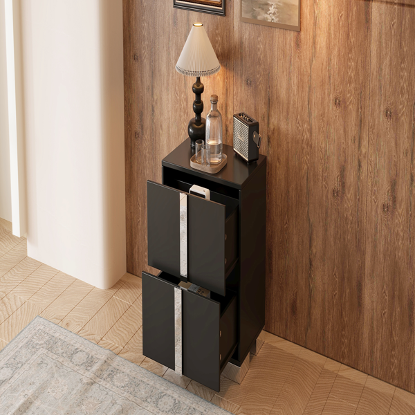 Elegant Nightstand with Metal Foot, Mirrored Bedside Table with 2 Drawers for Bedroom, Living Room, Black-11