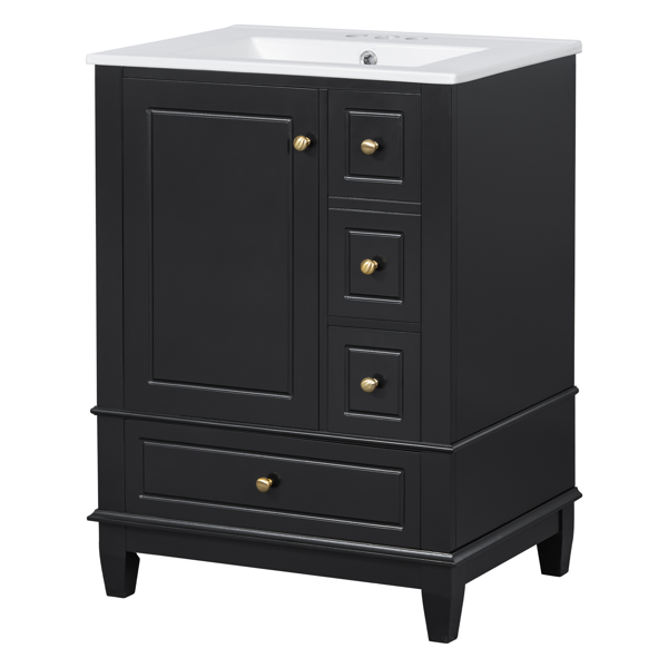 24" Bathroom Vanity with Sink and Drawers, Black Freestanding Vanity Cabinet with Ceramic Top and Storage Shelves, MDF and Solid Wood Base, Modern Sink Cabinet for Small Bathrooms-29