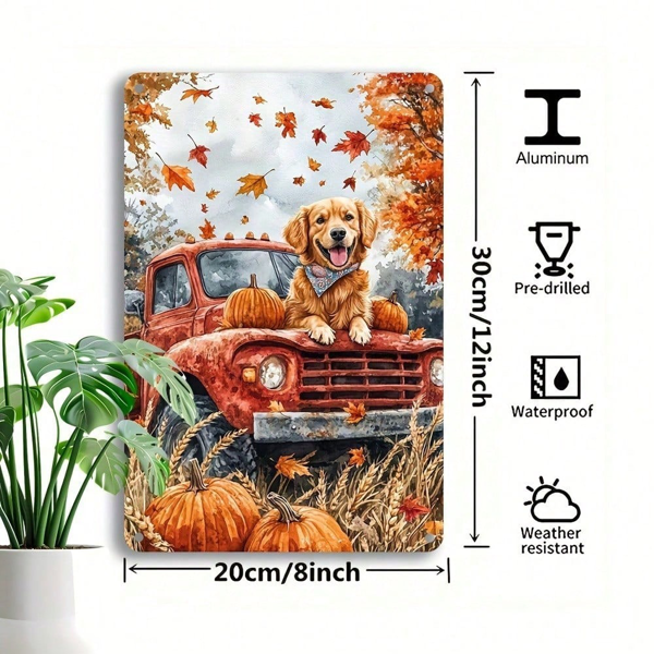 CIFbuy 复古铝制金毛寻回犬南瓜金属装饰牌 8x12，秋季感恩节款（TikTok, temu 自提物流）-3