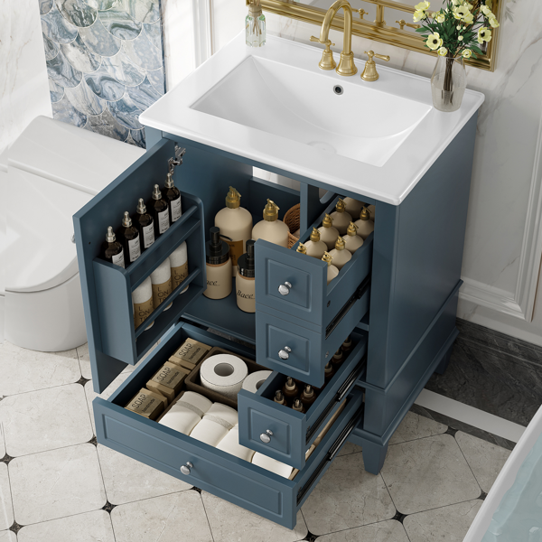 24" Bathroom Vanity with Sink and Drawers, Gray Blue Freestanding Vanity Cabinet with Ceramic Top and Storage Shelves, MDF and Solid Wood Base, Modern Sink Cabinet for Small Bathrooms-1