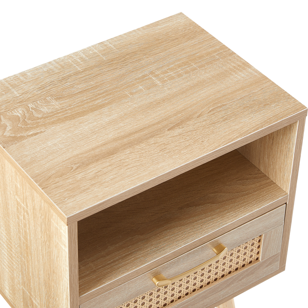 15.75" Rattan End table with  drawer and solid wood legs, Modern nightstand, side table for living room, bedroom,natural-15