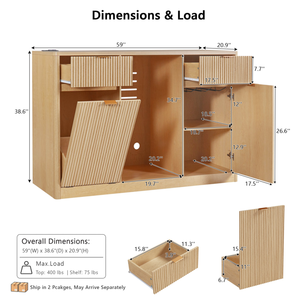 K&K 59" Coffee Bar Cabinet with Fridge Space & Tilt-Out Trash Cabinet, Mini Fridge Wine Cabinet with Storage/Charging Station, Fluted Buffet Sideboard with Glass Holder for Dining Room, Natural Oak-9