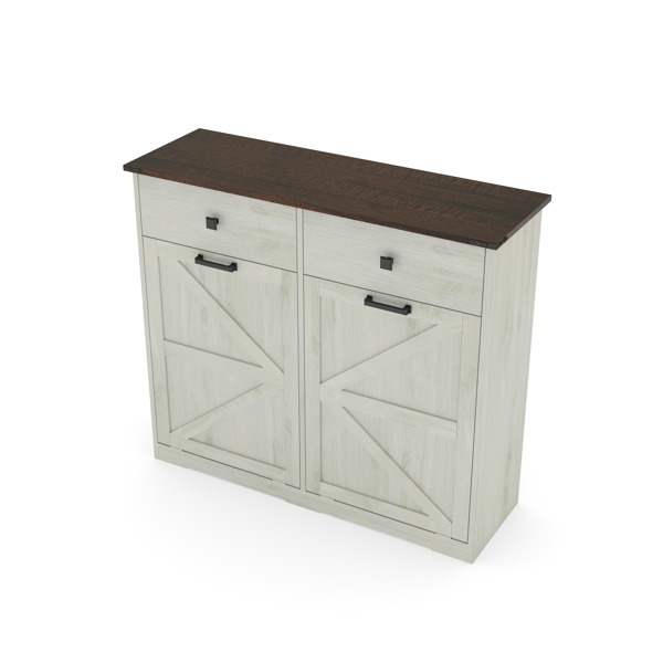 Farmhouse Double Tilt Out Trash Cabinet for 20 Gallon Trash Cans, Free Standing Recycling Cabinet with Hideaway Drawer, Barn Door Style Laundry Sorter Cabinet, Tilt Out Trash Cabinet for Kitchen-17