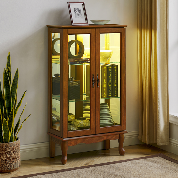 Curio Cabinet Lighted Curio Diapaly Cabinet with Adjustable Shelves and Mirrored Back Panel, Tempered Glass Doors (Oak, 3 Tier), (E26 light bulb not included)-5