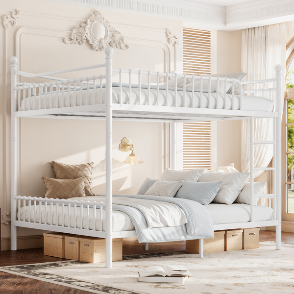 Queen over Queen Metal Bunk Bed with Unique Curved Guardrail Design, Round Tube bunk bed Frame, No Box Spring Required, Metal Bunk Bed Frame for Kids Teens,adults, White-1