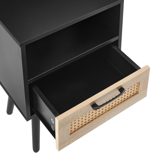 15.75" Rattan End table with  drawer and solid wood legs, Modern nightstand, side table for living room, bedroom, black-16