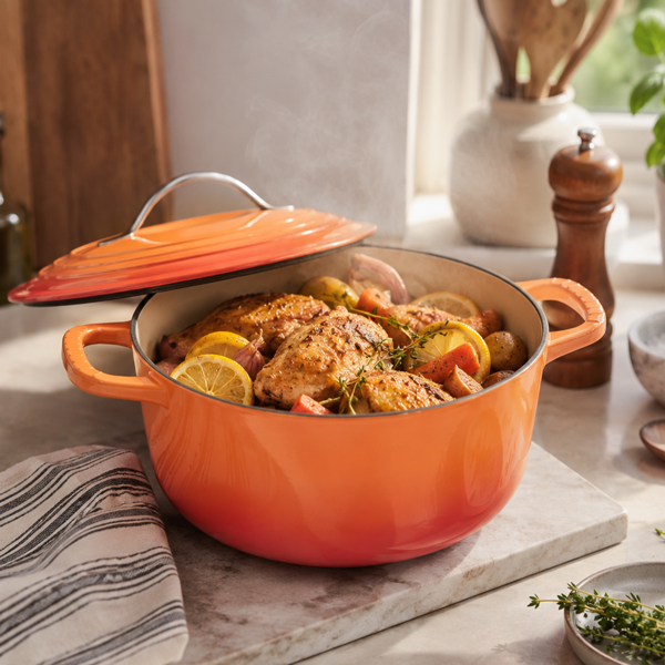 不锈钢手柄 7.5QT 7.1L 圆形 珐琅锅 橙色渐变 含手套 隔热垫-11