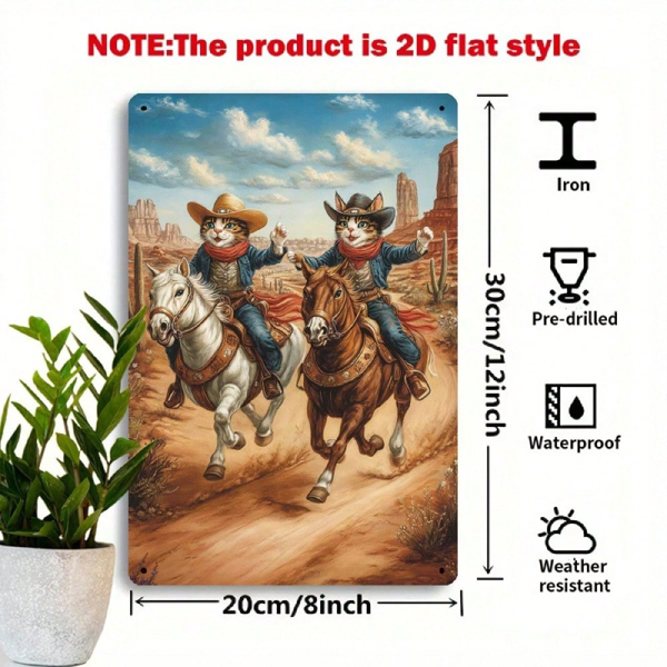 CIFbuy 复古西部牛仔猫金属壁饰 8x12，2D印刷铁质招牌（TikTok, temu 自提物流）-3