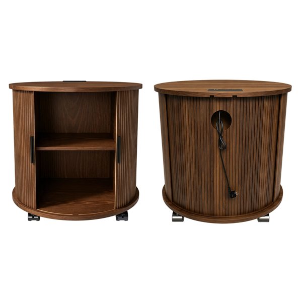 Mid Century Modern Cylinder End Table with Built-in Charging Station & Sliding Door, 2-Tier Storage Round Nightstand with USB Ports, Walnut Bedside Table for Living Room, Bedroom, Entryway-20