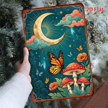 CIFbuy 2D 平面蝴蝶与蘑菇月亮标志，铁质锡制墙饰 7.8x11.8 英寸（TikTok, temu 自提物流）