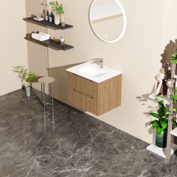 Goodyo 24" Wall-Mount Bathroom Vanity Cabinet with White Basin Sink Combo Floating, Walnut-3