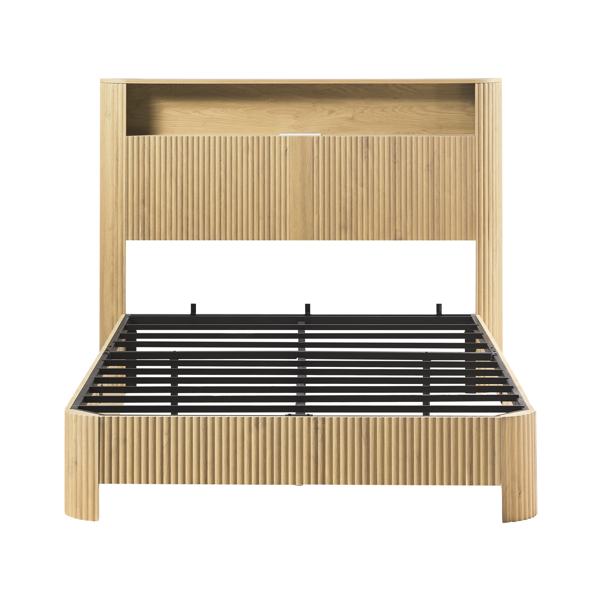 Full Extra Long(Full XL) Size bed frame with storage headboard, built-in charging station, wavy curved lines design, silent operation, metal support, Natural-6
