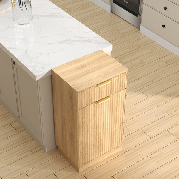 10-Gallon Woodgrain Tilt-Out Trash Can Cabinet with Wave-Textured Drawer & Pull-Out Bin - Multipurpose Kitchen/Bath Organizer in Oak Finish-3