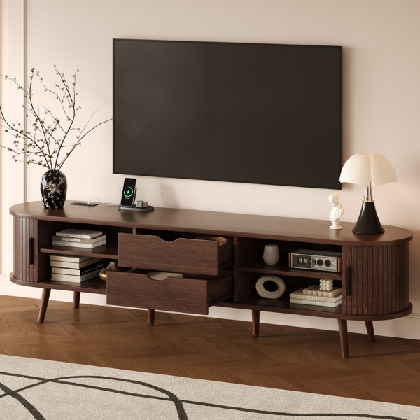 70 Inch Mid Century Modern TV Stand, TV Stand for 80 Inch TV, TV Stand with Tambour Doors, Drawers and Power Outlet, TV Consoles for Living Room, Bedroom-4